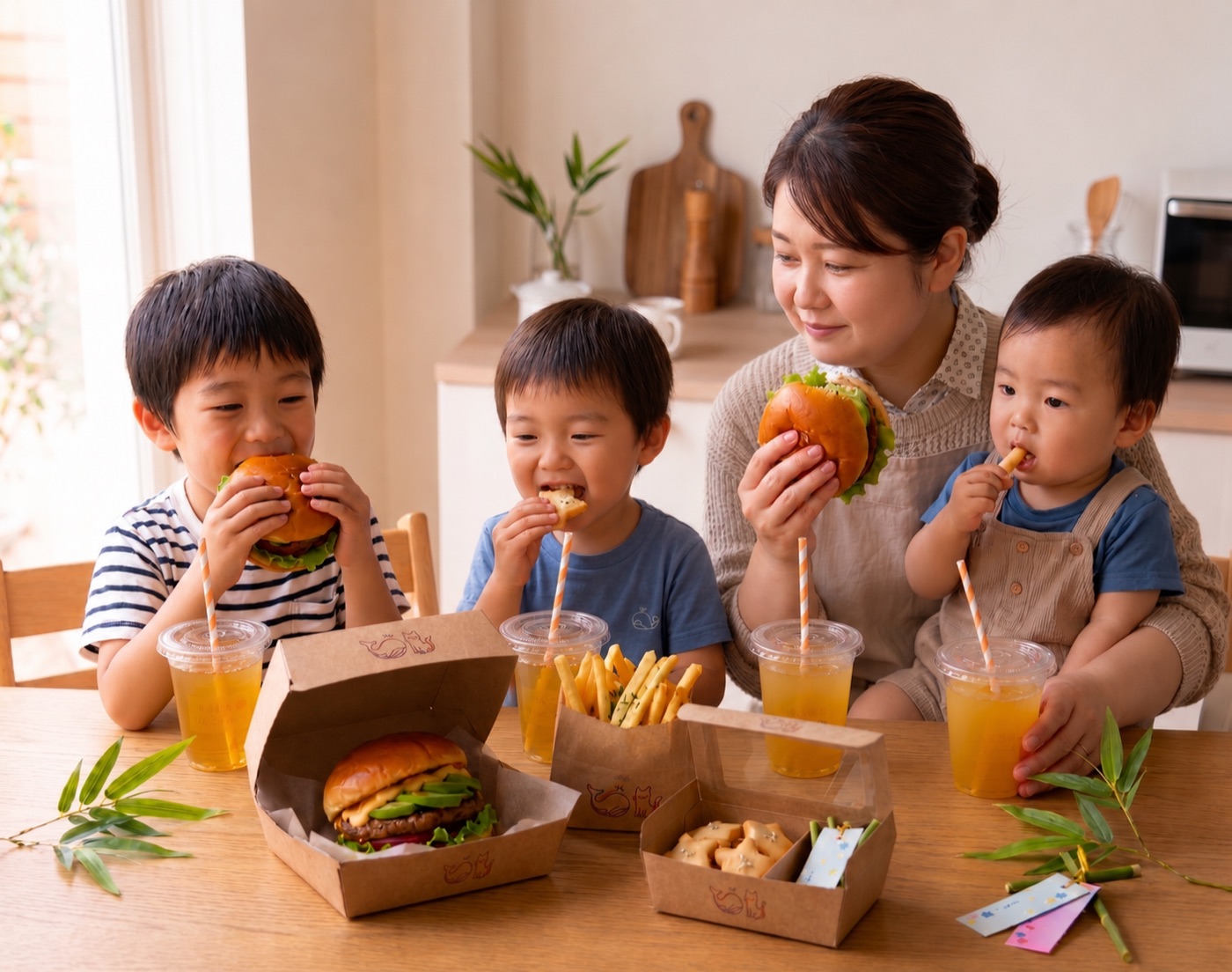 スターライトバーガーを家族みんなで楽しく食べる様子